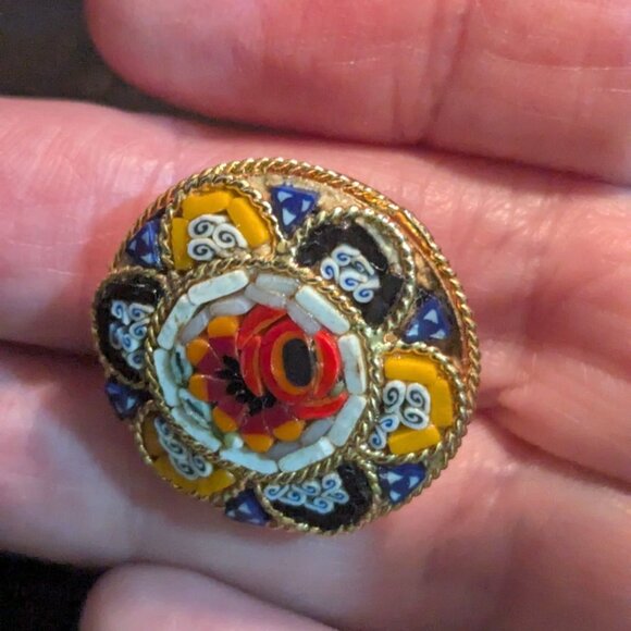Vintage Italian Gold Tone Millefiori Mosaic Pin Brooch Floral Design 1.5" multic - Picture 2 of 8